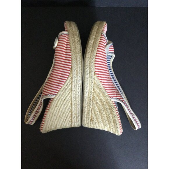 Bongo Women's Shoes Wedges Heel Striped Pearl Button Wrapped Red White Size 10M - Picture 6 of 10